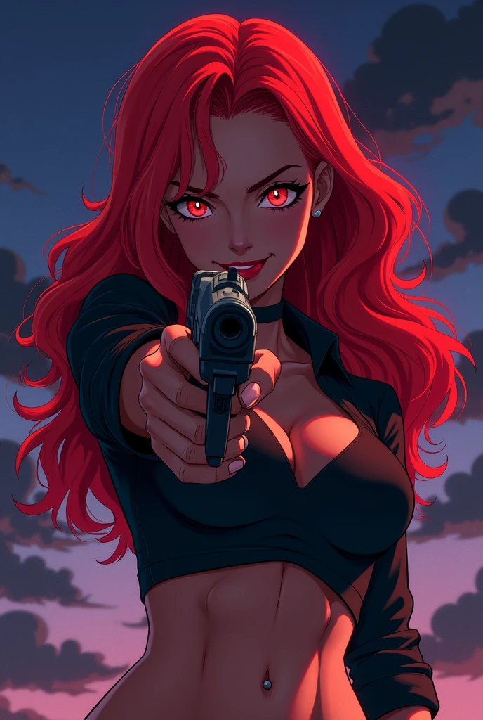 red hair girl, dark skin tone, with a mischievous smile and her tongue out, red sexy clothes, Pointing a gun at the camera, a night with lighting tones pulled towards purple and a little bit of blue, artwork style: anime minimalist