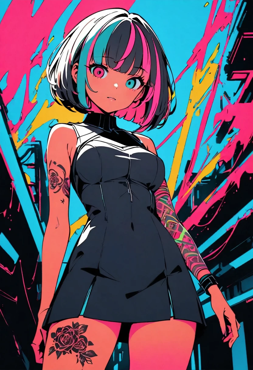 (high quality, 8k, 4K, High Contrast, masterpiece:1.2, 最high quality, Best aesthetics), (Dynamic Angle), girl、slim:1, Bright colors、Beautiful lip detail、extra short hair, ((bob cut:1.5))、pink and purple, ((streaked hair:1.9)), (highlights hair: 1.6), heterrochromia, green eye, red eye, slim body, (medium breast:0.7), (Floral Fineline tattoo design on left arm:1), (tan skin:0.2), Mini dress, (cyber punk:0.1, Flat Color:0.1, Colorful art:0.2, Colored Background, High Contrast, Contrasting colors), Cowboy Shot,Looking at the audience, 