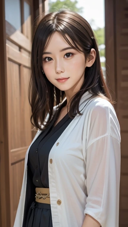 （Kimono）、randome pose、(top-quality,​masterpiece:1.3,超A high resolution,),(ultra-detailliert,Caustics),(Photorealsitic:1.4,RAW shooting,)Ultra-realistic capture,A highly detailed,High resolution 16K human skin close-up、 Skin texture is natural、、The skin looks healthy with an even tone、 Use natural light and color,1人,japanes,23years old,kawaii,A dark-haired,Middle hair,,smil,,(depth of fields、chromatic abberation、、Wide range of lighting、Natural Shading、)、