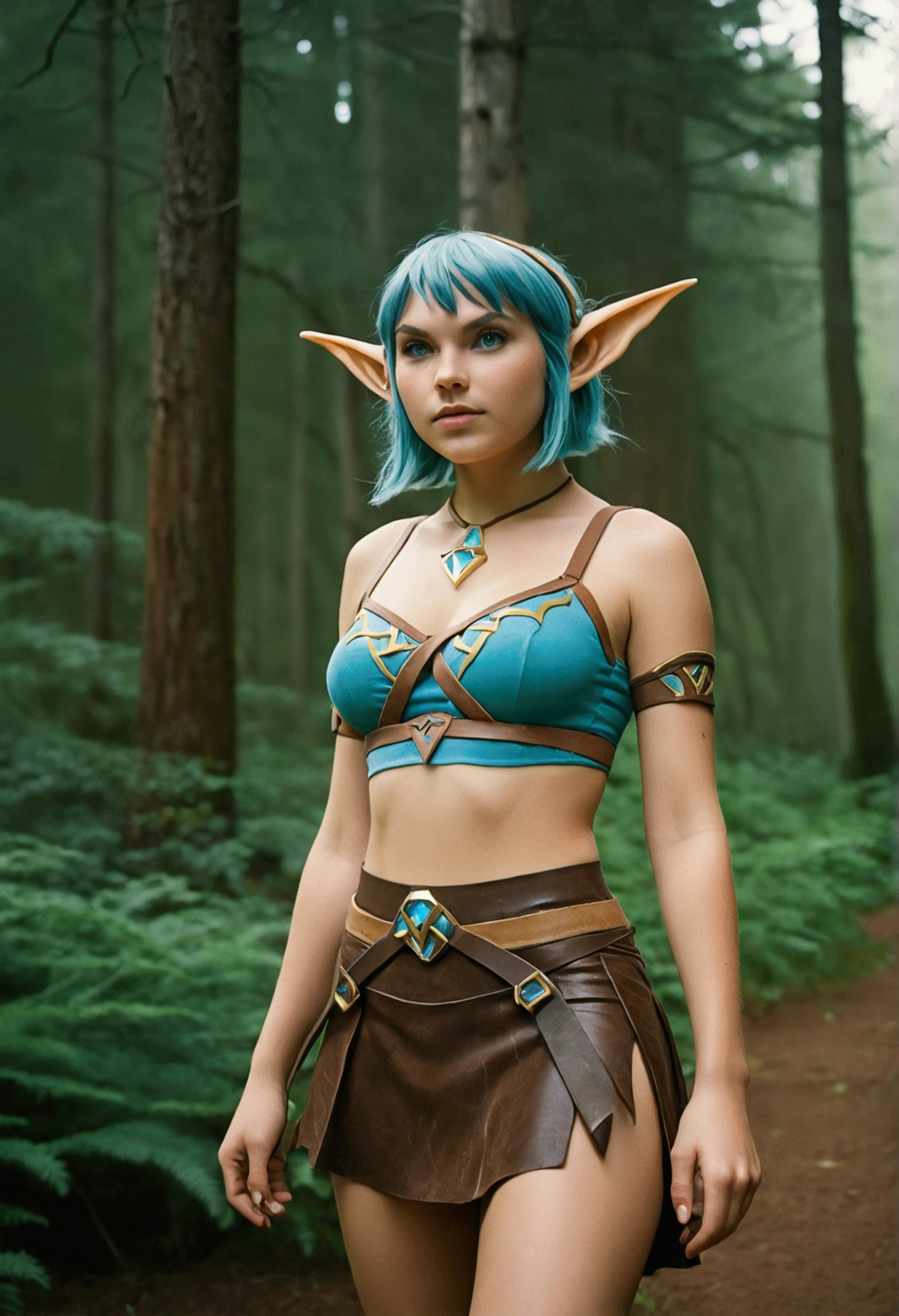 analog film photo, photo of a Hylian girl, elf ears, azure eyes, messy dark bob cut, tan complexion, tall stature, voluptuous hourglass figure, full hips, plump round buttocks, wearing a bralette and a battle skirt, strolling through Hyrule's wilderness, resembles Taylorr Swift, RAW Photograph, dslr, soft lighting, high quality, film grain, Fujifilm XT3, detailed skin with visible pores, insane details, masterpiece, 8k, 35mm photograph, dslr, kodachrome, faded film, desaturated, grainy, vintage, Lomography, stained, highly detailed, found footage, close-up shot, elven ears