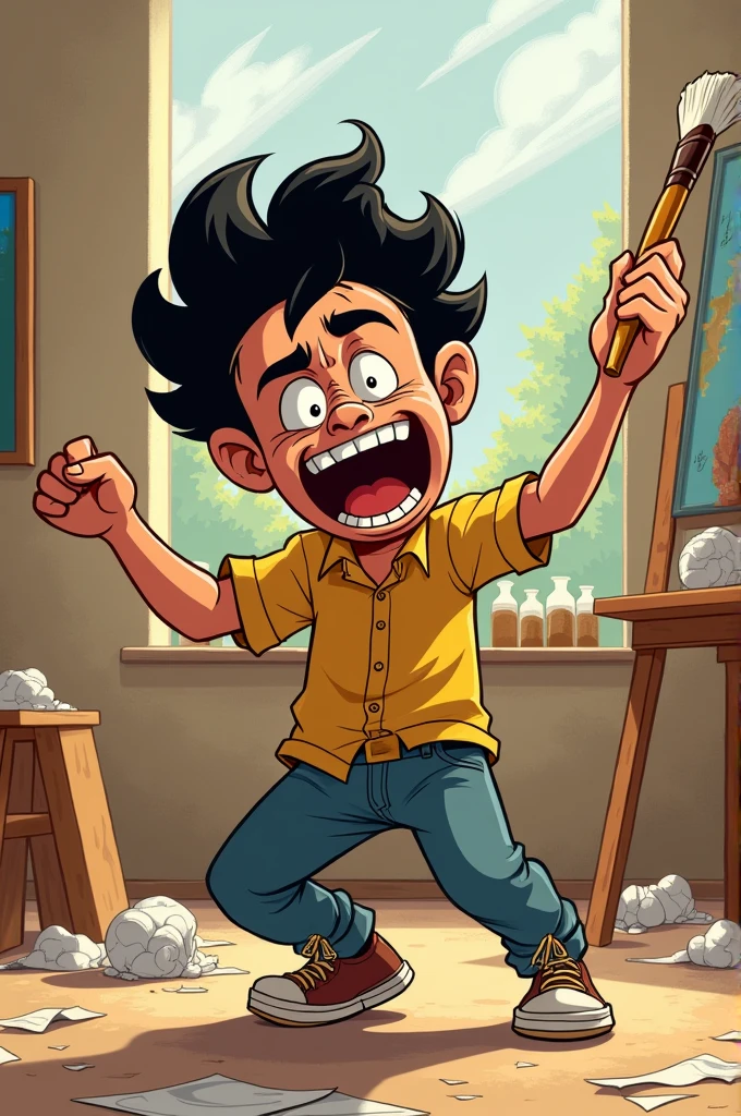 miguel, a passionate artist of temperament, found himself in a state of complete frustration. His latest painting wasn't turning out the way he envisioned, and anger consumed him. Simple and large wide drawing for cartoon