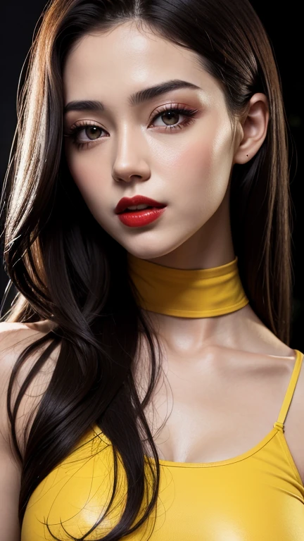 
High face quality, high red lips quality, high gray eyes quality, woman with very long dark brown hair, wearing yellow high waisted crop top with black spots and short t-shirt clothes,big breasts, muscular body and very huge muscular body,cinematic lighting , perfect face  , Go into detail , flowers tattoos 