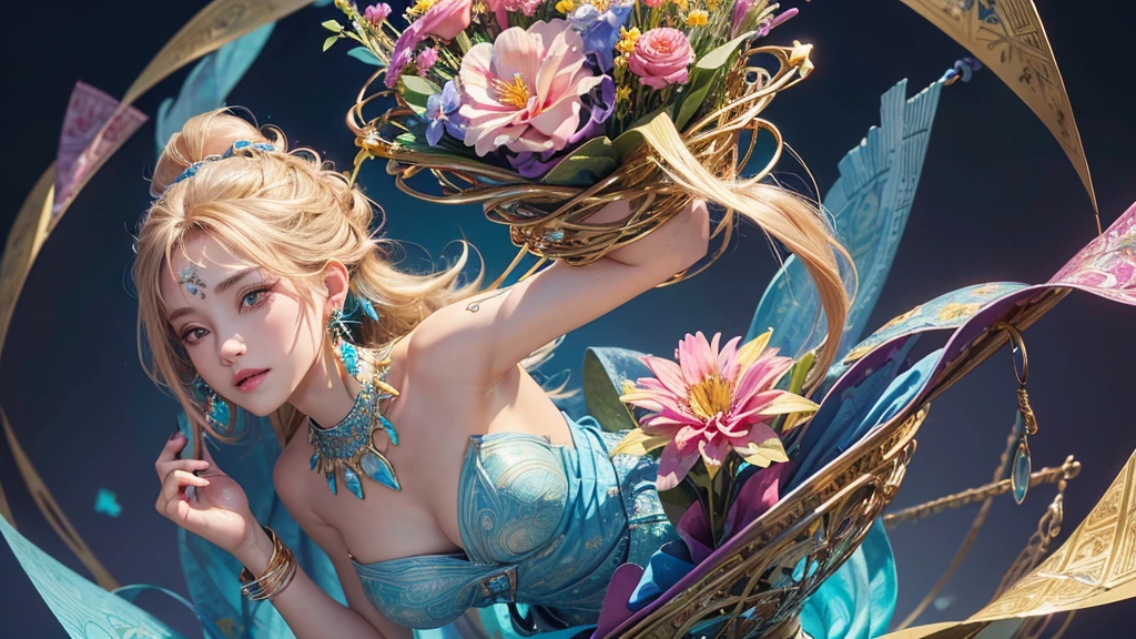 32K, 最高quality, 最高masterpiece, (ultra-Detailed Background, Detailed Background), High resolution, Super detailed, Very detailedな, 1 personの, (bouquet:1.3), (Tangled:1.2), (Geometric:1.2),(colorful),(masterpiece, quality, best quality, Official Art, Beautiful and beautiful:1.2), (1 person:1.3), Very detailed,(colorful:1.1)(Flowers:1.3),Most detailed,(Tangled:1.2), whole body, (Abstract background:1.3), (Skin glows), (Many colors:1.4), ,(Earrings Jewelry:1.5), Light Blue Background,