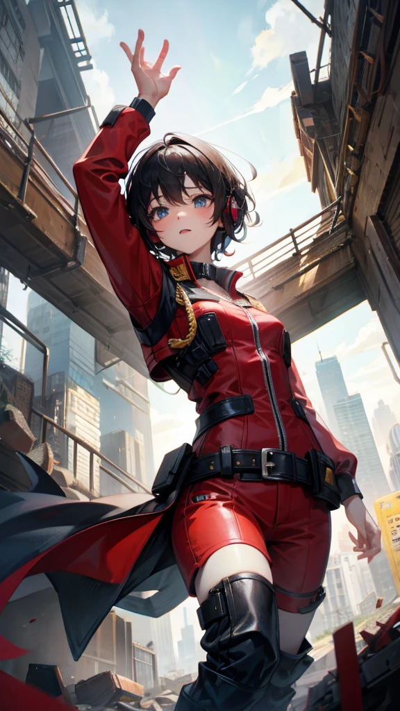 The metropolis of the future.A cute and charming oriental ,Wear headphones,Short curly hair,Wearing a red and white combat uniform,Wearing a combat coat,Holding a high-tech pistol,in the ruined city