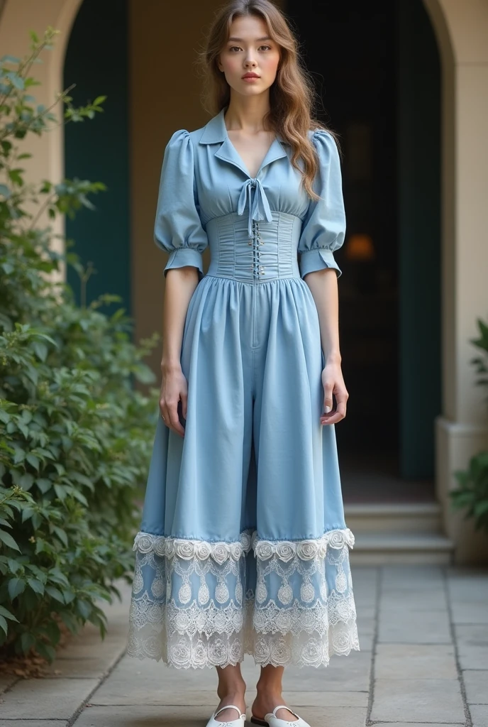 I choose a blue dress with a petticoat and pants of the same color. The fabric is plain cotton, unlike the taffeta of last night's dress. The lace of the hem touches my ankles, the pattern is of roses lined up. Instead of boots, I choose slippers for the day. My blouse is tied in front like a corset.