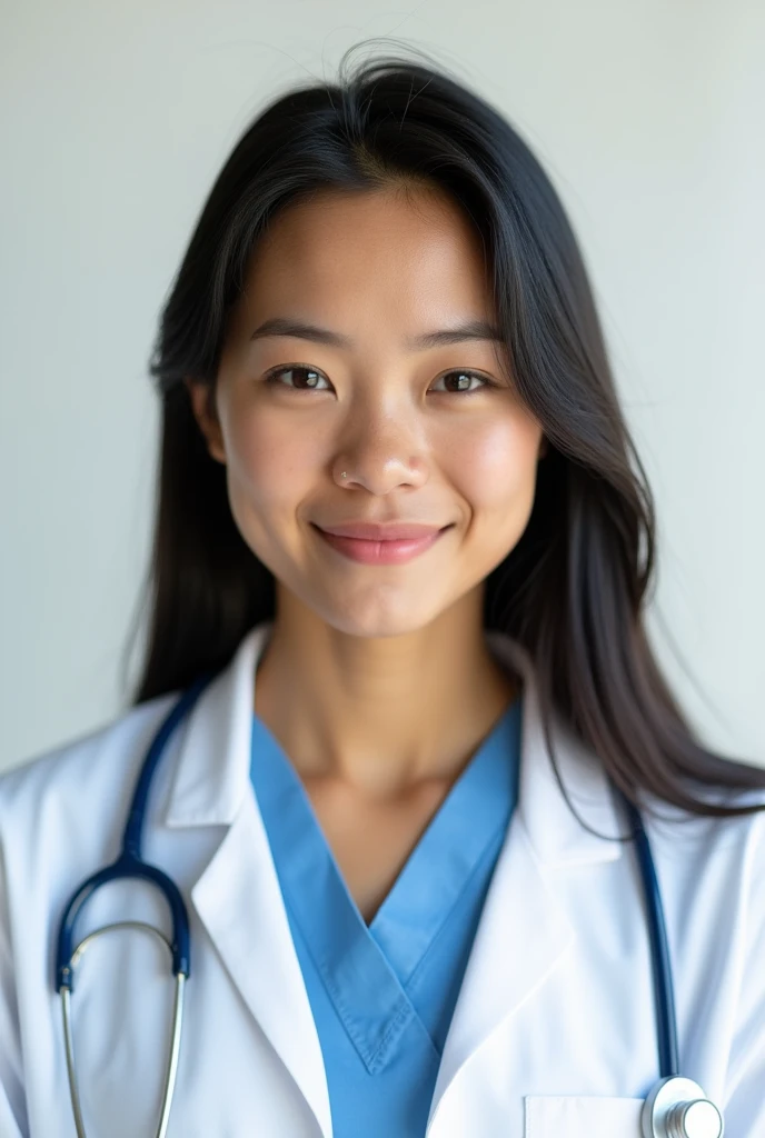 The image is a portrait-style photograph showing an 18-year-old woman with long, straight black hair and a light to medium skin tone. She has a small piercing on her left nose and is wearing light pink lipstick. She is dressed as a doctor. The background includes a white background. Of Guatemalan nationality.