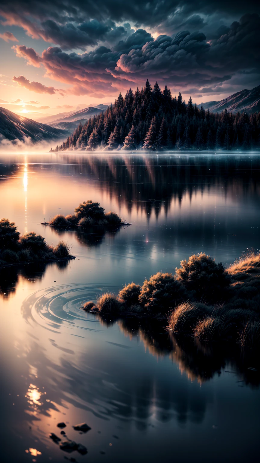 a mysterious misty lakeside, dramatic cloudy sky, beautiful detailed reflections on the calm water, moody atmosphere, melancholic mood, serene landscape, soft lighting, vibrant colors, cinematic composition, intricate details, photorealistic, masterpiece, highly detailed, 8k, hyper realistic, volumetric fog, dramatic lighting, atmospheric, ethereal, melancholic, emotive