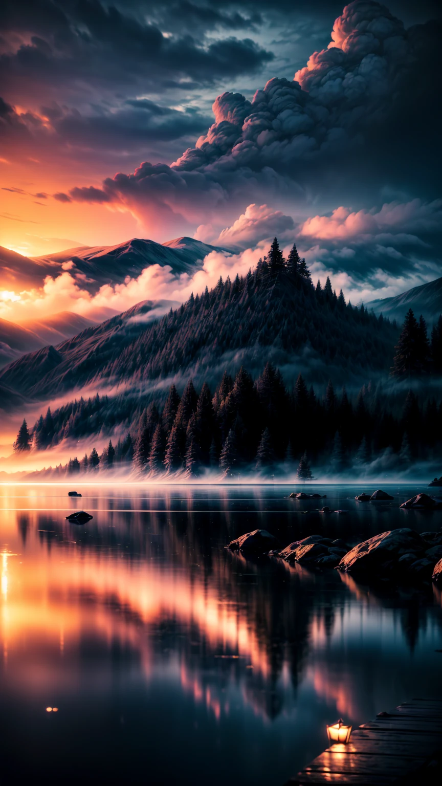 a mysterious misty lakeside, dramatic cloudy sky, beautiful detailed reflections on the calm water, moody atmosphere, melancholic mood, serene landscape, soft lighting, vibrant colors, cinematic composition, intricate details, photorealistic, masterpiece, highly detailed, 8k, hyper realistic, volumetric fog, dramatic lighting, atmospheric, ethereal, melancholic, emotive