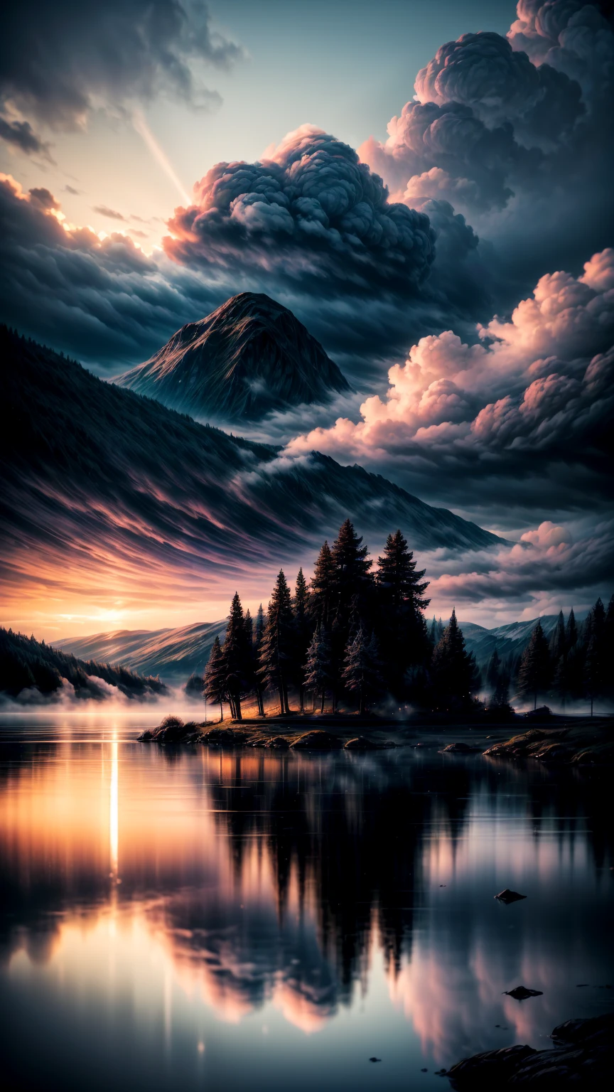 a mysterious misty lakeside, dramatic cloudy sky, beautiful detailed reflections on the calm water, moody atmosphere, melancholic mood, serene landscape, soft lighting, vibrant colors, cinematic composition, intricate details, photorealistic, masterpiece, highly detailed, 8k, hyper realistic, volumetric fog, dramatic lighting, atmospheric, ethereal, melancholic, emotive