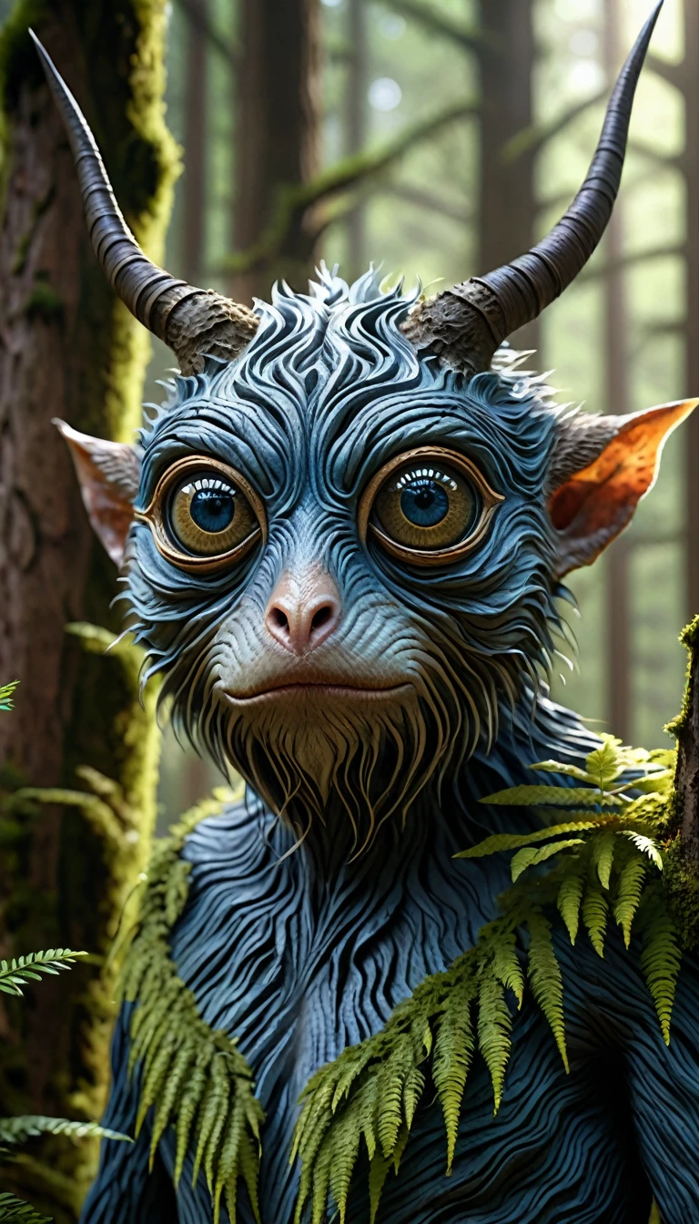 On the branches of the forest，There stood a creature with a human face and four eyes(best quality，4K，8k，High level，masterpiece：1.2），Ultra Detailed，（lifelike，Photo real，Photo real：1.37），Highly detailed animals，Complex patterns，Realistic lighting