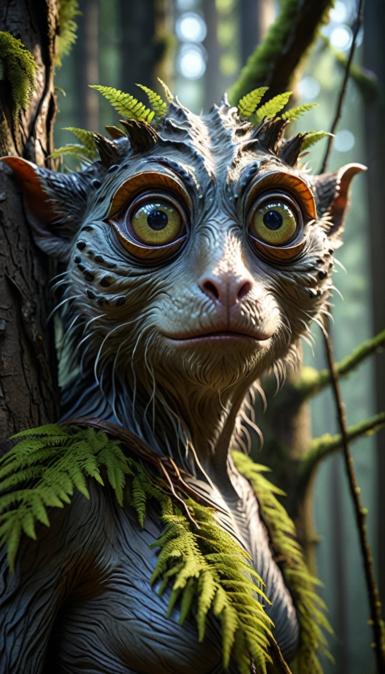 On the branches of the forest,There stood a creature with a human face and four eyes(best quality,4K,8k,High level,masterpiece:1.2),Ultra Detailed,(lifelike,Photo real,Photo real:1.37),Highly detailed animals,Complex patterns,Realistic lighting