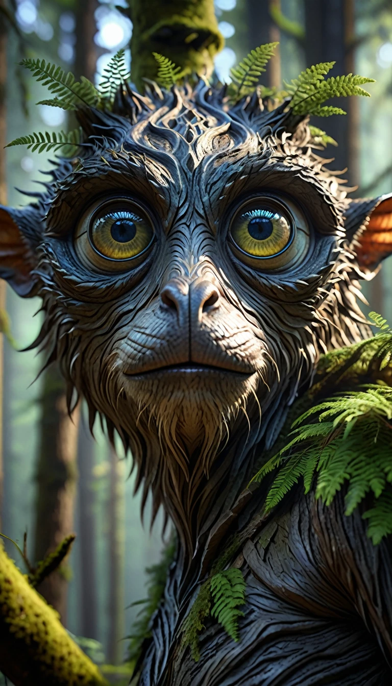 On the branches of the forest,There stood a creature with a human face and four eyes(best quality,4K,8k,High level,masterpiece:1.2),Ultra Detailed,(lifelike,Photo real,Photo real:1.37),Highly detailed animals,Complex patterns,Realistic lighting