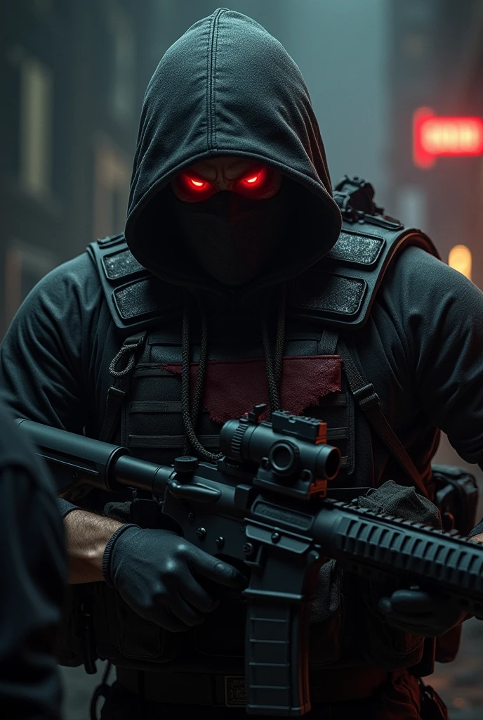 hooded man whose face is not visible with a black military uniform and bulletproof vest and a wound in his chest and with a bright red fire in one of his eyes, fighting against an elite soldier who is armed and has night vision goggles