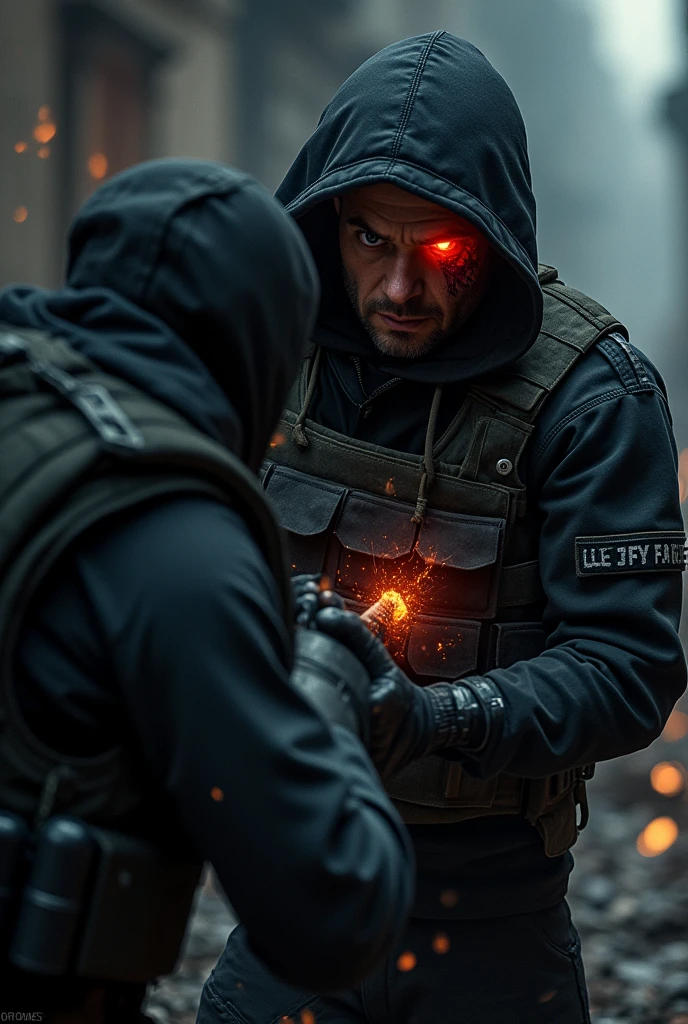 hooded man whose face is not visible with a black military uniform and bulletproof vest and a wound in his chest and with a bright red fire in one of his eyes, fighting against an elite soldier who is armed and has night vision goggles