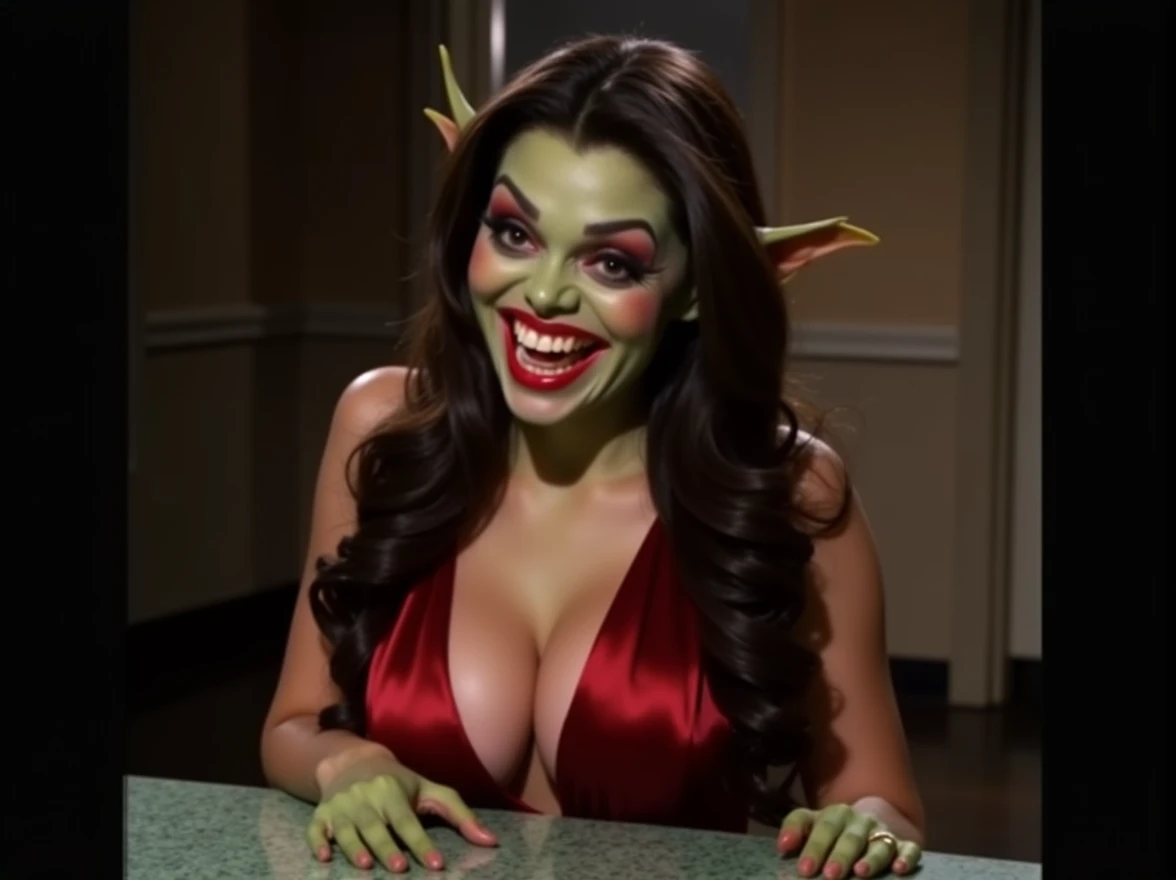 busty goblin wearing satin red dress, smiling big, big perfect teeth, big breasts, deep cleavage, green skin tone, long pointy ears, evil laugh, evil sexy eyes, biting down