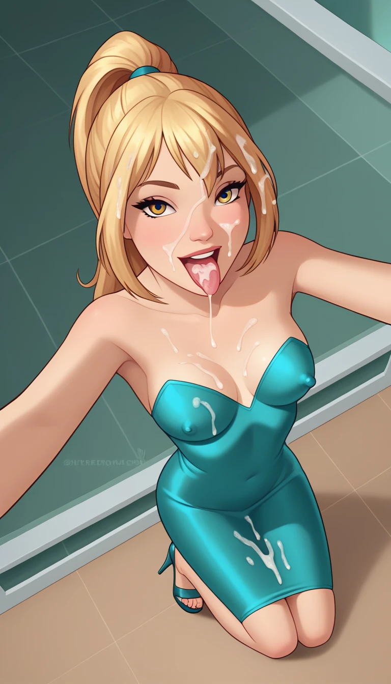 score_9,score_8_above,score_7_above,Best Quality,High resolution,masterpiece,(1 European girl,adolescent),desde above,looking at the viewer,medium breasts dripping with cum,neckline,aboveper body,smile+happy,Realistic lighting,photorealistic,Realistic shiny skin,beautiful detailed eyes,natural fear, blond hair,High ponytail,short bangs,(nipple erection,transparent), vestido negro entallado elegante strapless transparent sexy, long legs, black high heel platform sandals, Full body photo, mini vestido negro entallado elegante strapless transparent hasta los muslos cubierto con semen,((Bukkake,open mouth,out the tongue)),(((Cum in mouth,cum in hair, cum on dress, covered in cum, How to do a facial treatment))),Bathroom