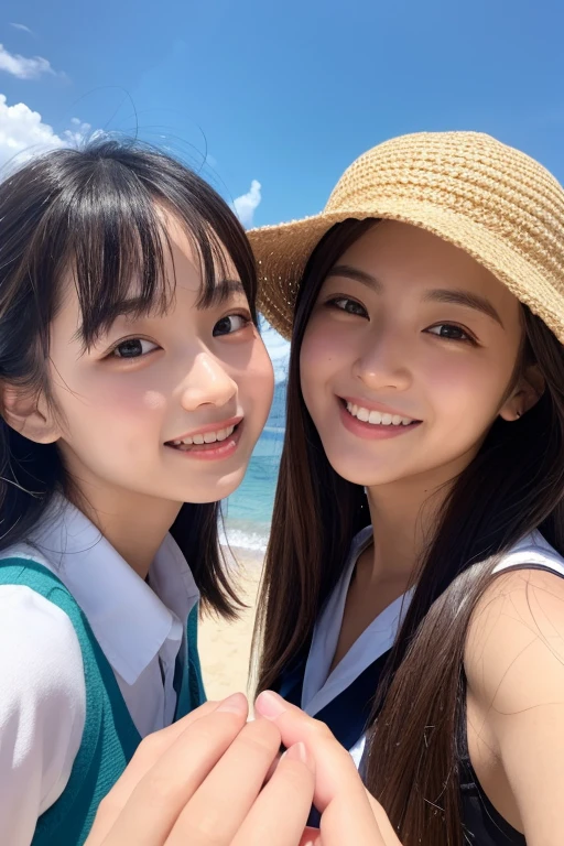 Two women taking a photo,Travel abroad,looking at the camera,smile,Beach,Clear skies,Banana boat ride,(Highest quality:1.4),(masterpiece:1.4),(Realistic:1.4),(Realistic:1.2),(超High resolution, RAW Photos:1.4),(High resolution, Super detailed:1.2),(8K:1.2)