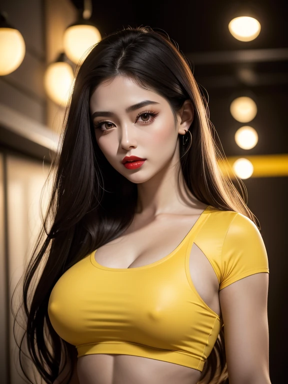 High face quality, high red lips quality, high gray eyes quality, woman with very long dark brown hair, wearing yellow high waisted crop top with black spots and short t-shirt clothes,big breasts, muscular body and very huge muscular body,cinematic lighting , perfect face , Go into detail , flowers tattoos