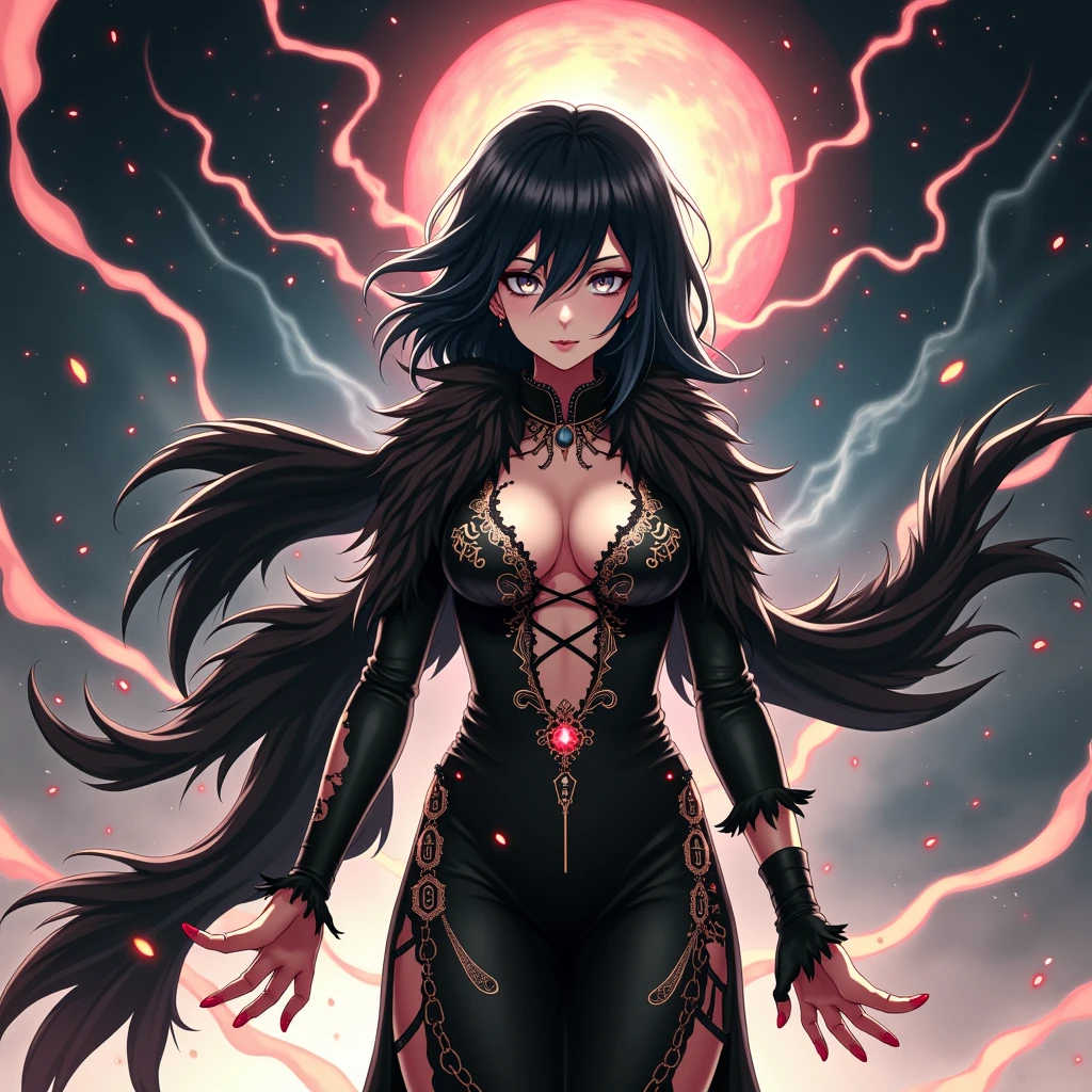 (:cellshading:(anime)(manga)anime protagonist of a woman(DARK hair, light eyes, wearing a black astral dress, torn dress, ripped dress, high, short hair, , Dark witch, Astral Witch Clothing,poses levitating (casting a powerful spell, human :: sorceress, dark sorceress, anime woman, black fur wizard, witch clothes)
