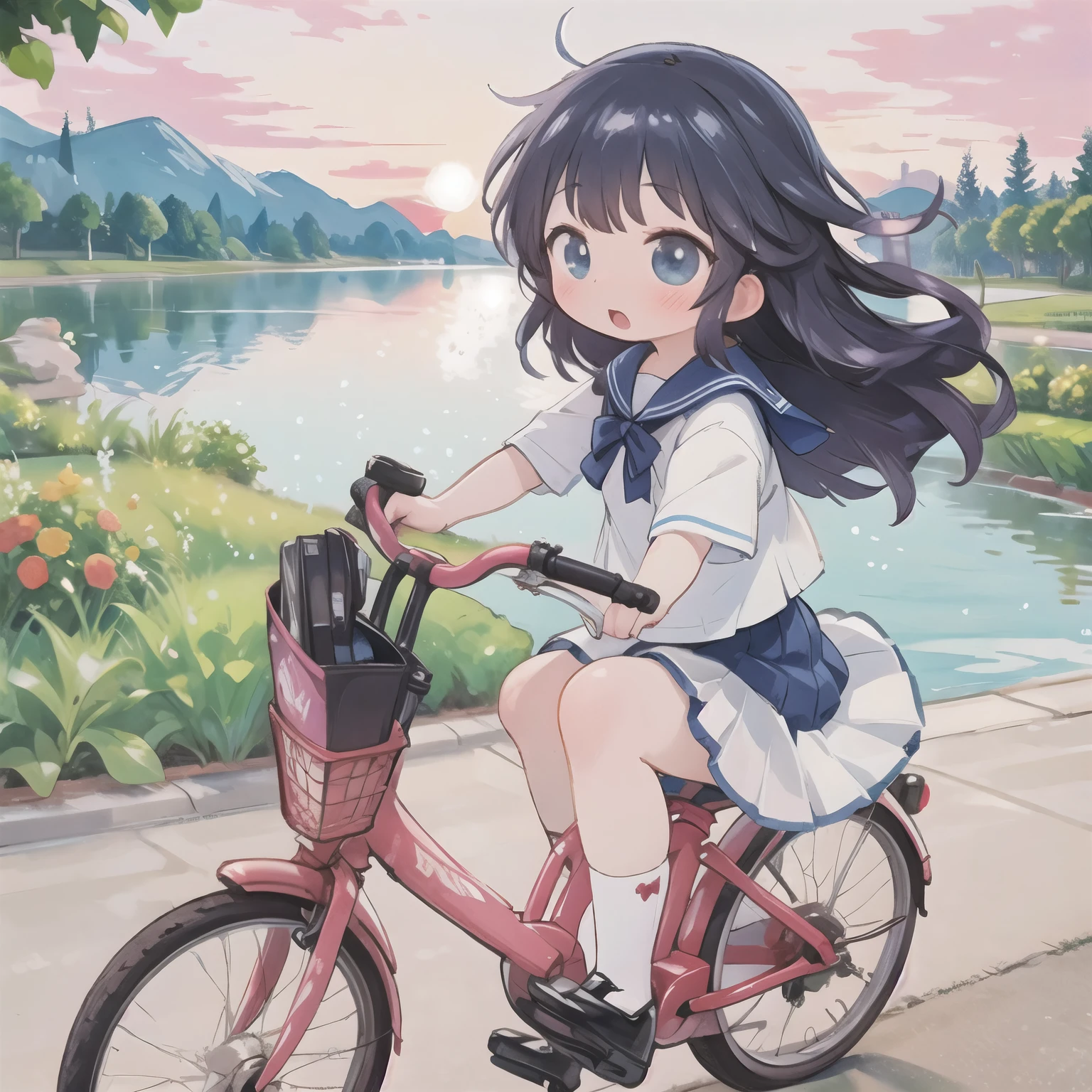 (masterpiece, Highest quality:1.2), reality、Very short stature， on a bicycle，alone、Junior high school girl，Summer clothes、Fluttering skirt，positive，whirlwind，Riverside at dusk、Beautiful sunset，Watercolor style、