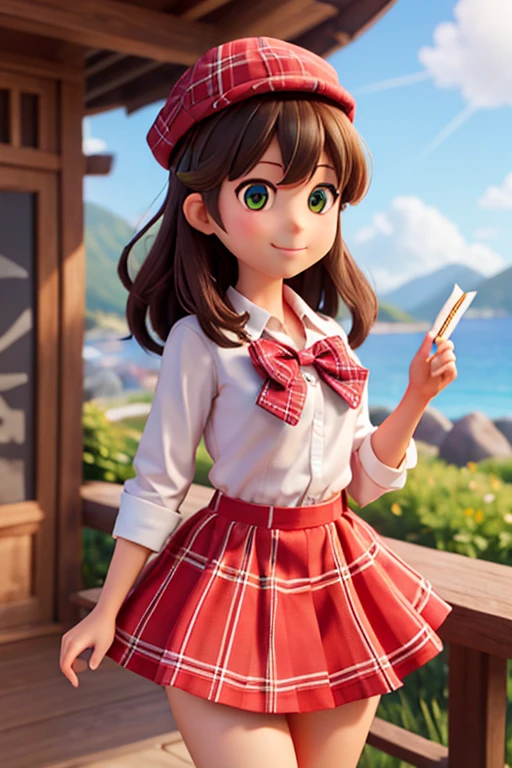 masterpiece, High Quality Top Quality,One person, 前hair, Beach, green_null, blush, bow, chest, Checkerboard, Checkerboard_shirt, Checkerboard_skirt, cloud, cloudy_null, clavicle, Day, envelope, give, Grass, hair_bow, heart, Holding, Holding_letter, horizon, Letters_gift, 私は悪者inす_Yuuka, Tilt_forward, lens_Flare, letter, Light_light, length_hair, Looking_in_Audience, like_letter, Mountain, Mountainous_horizon, Ocean, Outdoor, Plaid, Plaid_background, Plaid_bikini, Plaid_bow, Plaid_bowtie, Plaid_good, Plaid_dress, Plaid_hat, Plaid_Jacket, Plaid_Legwear, Plaid_tie, Plaid_Neckwear, Plaid_panties, Plaid_pants, Plaid_ribbon, Plaid_scarf, Plaid_shirt, Plaid_skirt, Plaid_Best, throw, shirt, skirt, null, smile, 一人in, sun, sunbeam, sunLight, wood, Not working_pintern