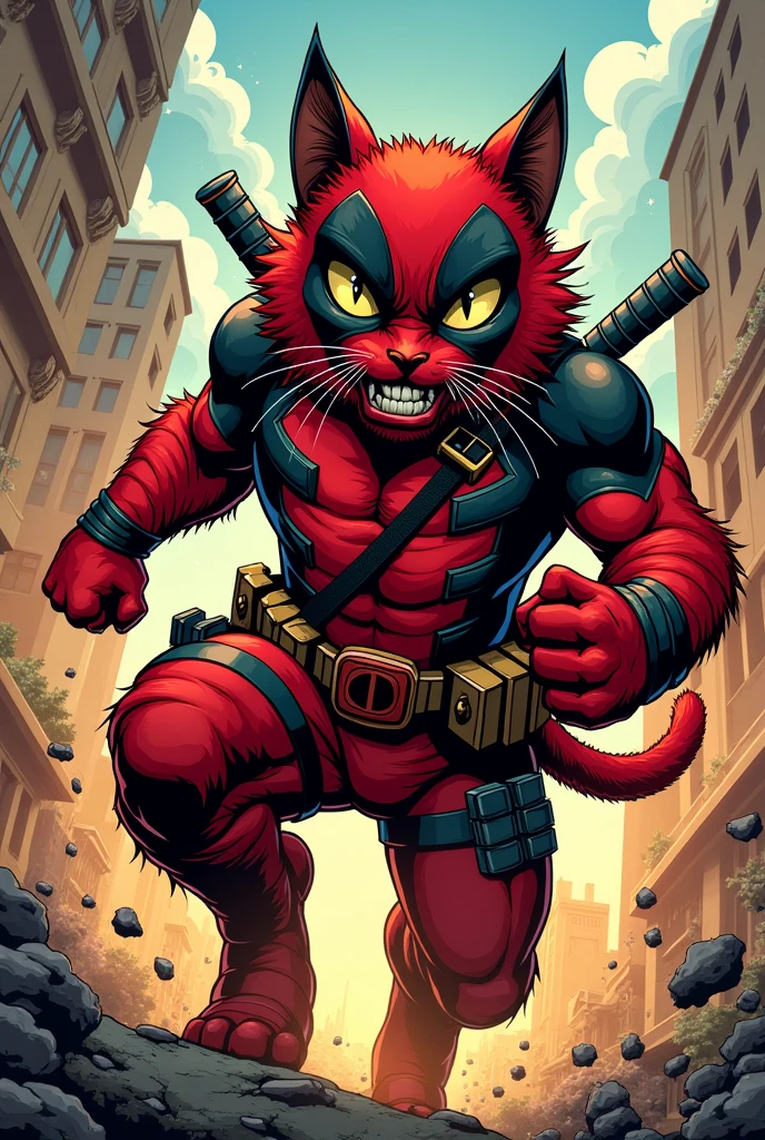 Anthropomorphic Maine Coon dead pool American comic style