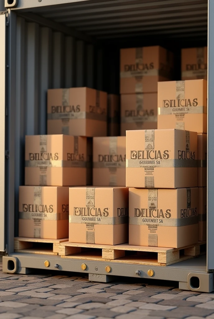 (photorealism:1.2), Show several SMALL BOXES GROUPED TOGETHER IN A CONTAINER WITH TAPE AROUND THE BOXES FOR TRANSPORT AND ON PALLETS and with instructions on how to handle the box. But these boxes should have the company name "DELICIAS GOURMET SA" that handles whole grain cookies with nuts in a container





