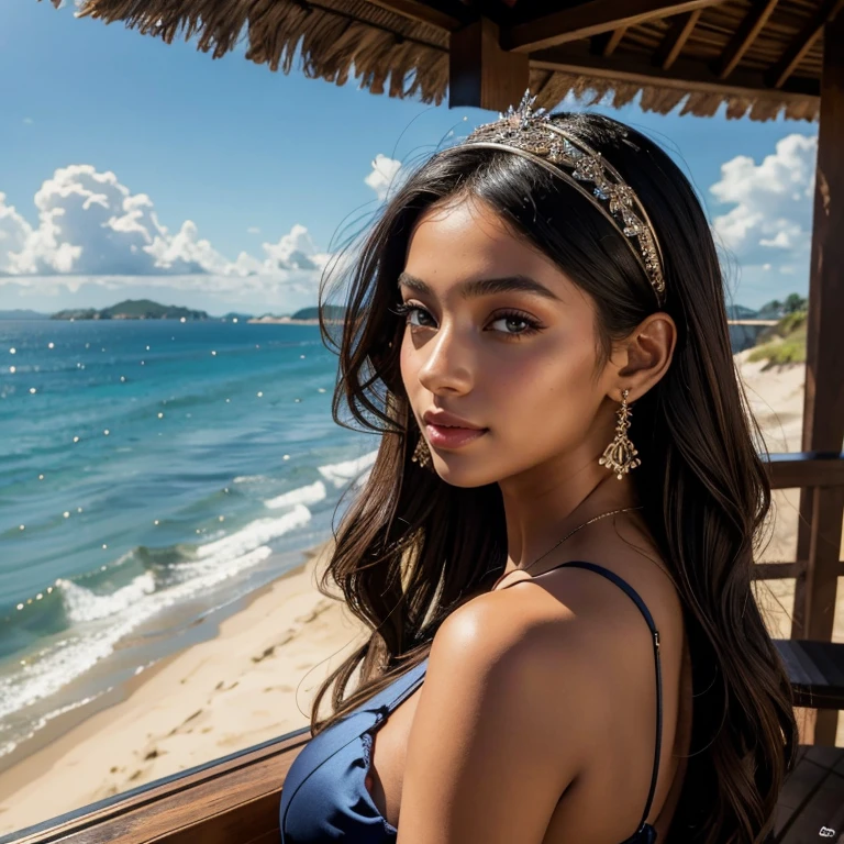 (​masterpiece, best quality:1.5), highest quality, High resolution, super detailed, Realists, Full body photo of a black 22 year old woman, black skin, detailed and beautiful eyes, beautiful detailed lips, very detailed eyes and face, longeyelashes, 22 year old woman in a summer dress, Beautiful and colorful makeup, elegant and noble々Pose,shiny satin headband,, Beach and sea as background, bright daylight, bright colors, fine brushstrokes, Portrait style, beautiful color palette, glowing skin, First-class rendering, that captures every detail, enchanting atmosphere, (perfect anatomy:1.2), (The stunning woman is wearing a short summer dress.. She smiles flirtatiously. her arms above her head, Showcasing her figure (magnificent panorama view:1.2)