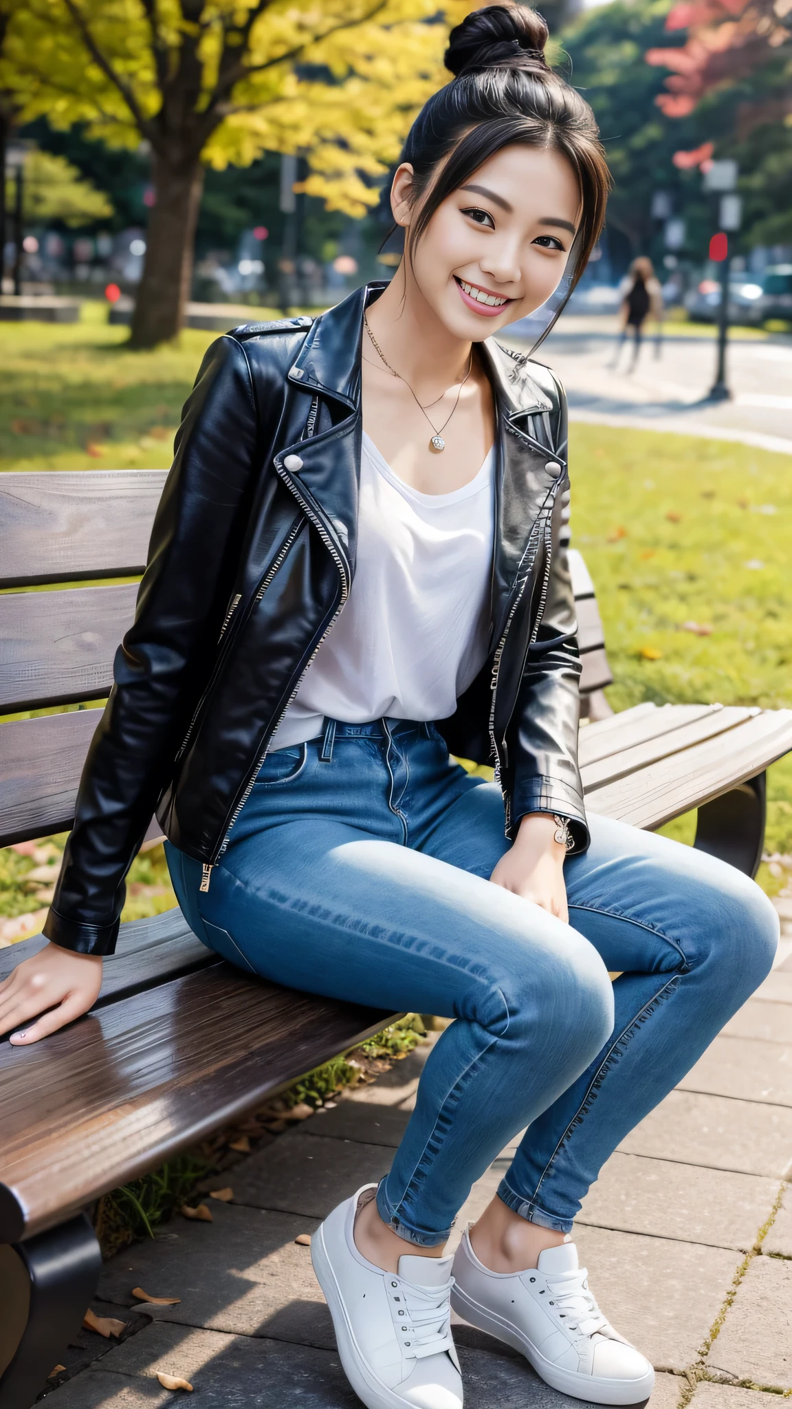 Super Resolution、Beautiful Japanese Women、Full body photo、sitting on a park bench、Black Hair、Hairstyle bun、Ear piercing、necklace、leather jacket、shirt、Skinny jeans、sneakers、smile、Beautiful teeth alignment