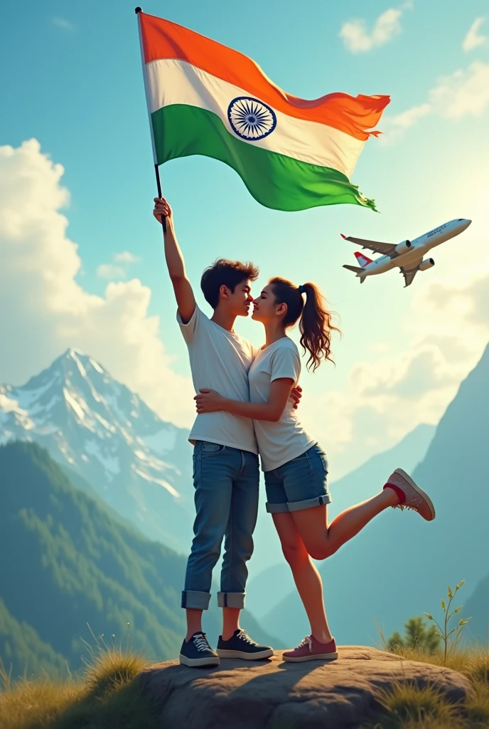 A 20 year boy and a 18 year girl wear same colour t shirt where name shailly written on boy t shirt and Deepak name written is girl t shirt, boy lift the girl and she is holding Indian flag . They are standing on mountain hill where Indian jet flying on the sky removing Indian colour on the air 