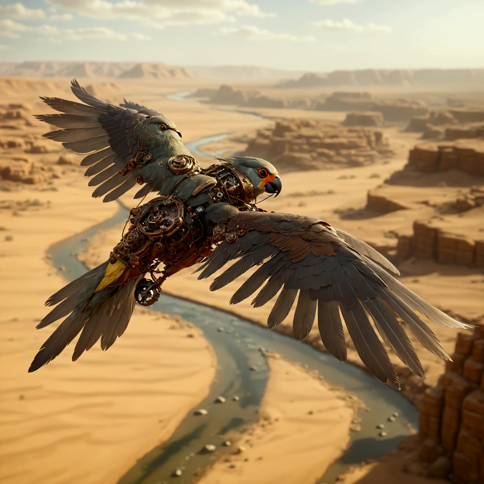 There is a bird flying over a river in the desert。, Fantasy style 8 k Octane Rendering, Rendering with Unreal Engine 5, cyber steampunk 8 k 3 d, Unreal Engine 5 Digital Art, Top Trends in Unreal Engine 5, Made with Unreal Engine 5, (Octane Rendering) Fantasy style, Created with Unreal Engine 5, Mechanical Bird, Octane Rendering godrays