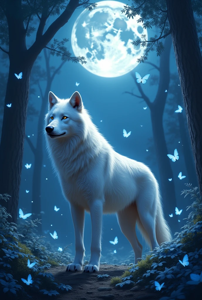 White wolf in a forest full of blue butterflies on a starry night with a realistic full moon in the background