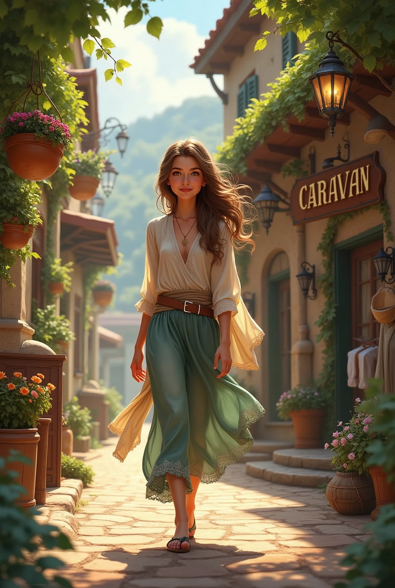 Draw a girl who is going to a store called Caravan