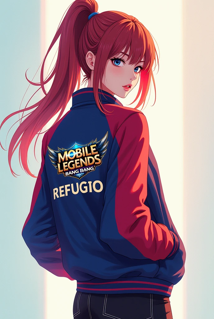 Anime WOMAN facing full back like her head sidewearing jacket with the logo of moblie legends bang bang with my last name REFUGIO