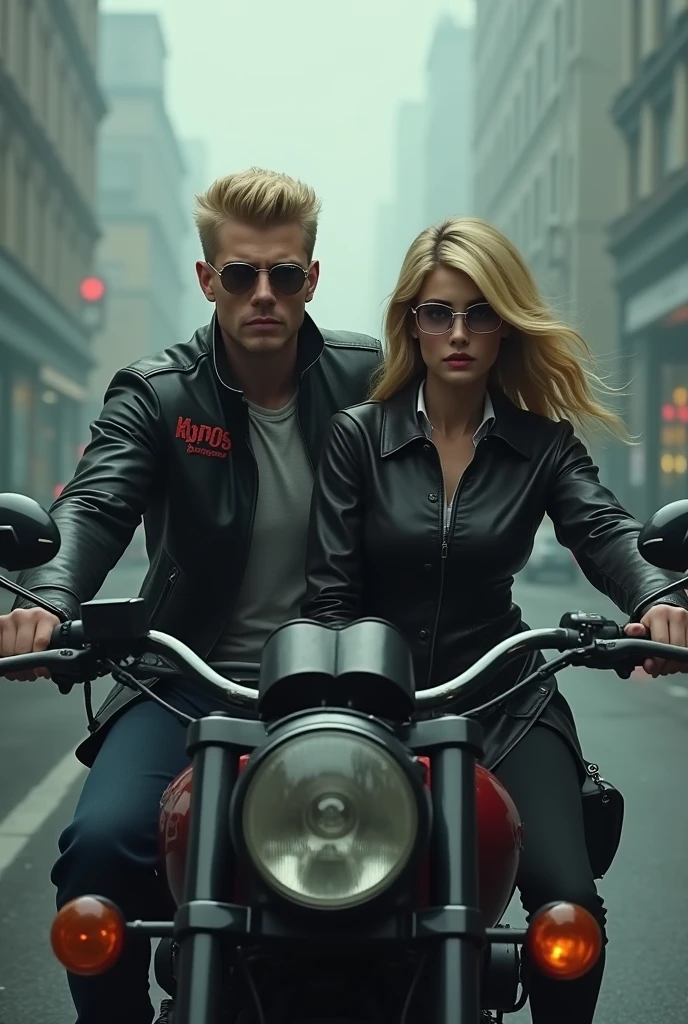 Mafia couple blonde hair wearing leather jacket and suitcase 3rd letters on it name " Kyros " and the girl wearing bag name on it " CAY" 3rd letters style on it eyeglasses,
Boots,and the other hand have samurai the background of mafia building fogy street riding on the big bike