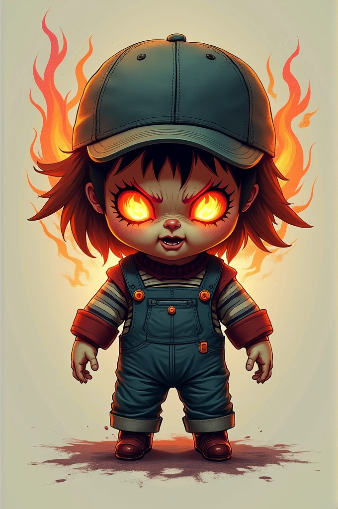 Make an image of a doll, with his cap on backwards with his eyes blazing with fire and anger, for a team logo