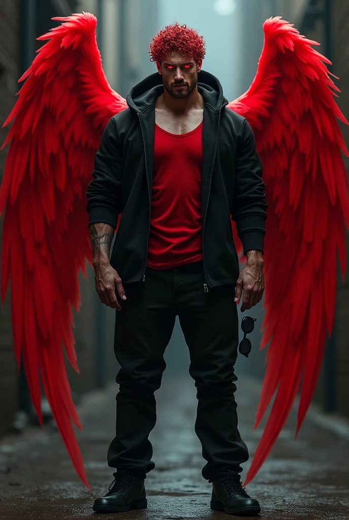 brown muscular man with curly hair with a touch of red in his highlights, wearing a black hood with red undershirt, red eyes, left hand has dark sunglasses, gang pants, back four red angel wings 