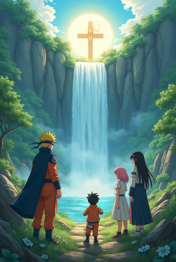 naruto, sakura, Sasuke and Hinata are in a very beautiful place with sun and waterfall, There's a cross and a phoenix in this place