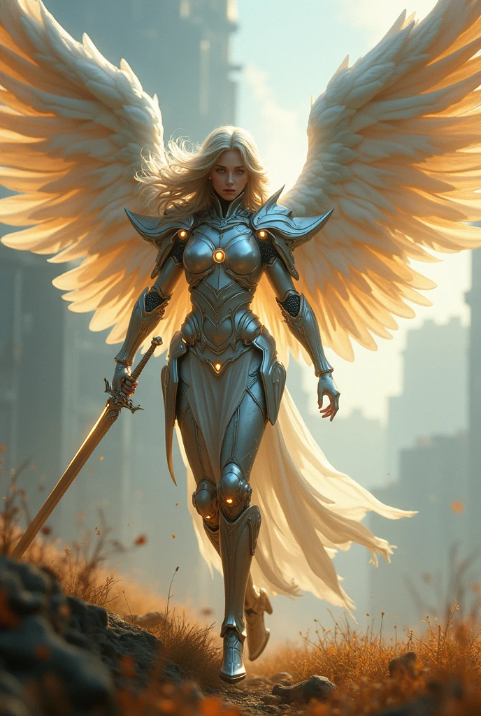 angel descending,archangel michael,fainal war effect,REAL - style image of a woman with a sword in a field, cyberpunk art inspired by Leng Mei, cgsociety contest winner, fantasy art, beautiful sexy angel girl, angel knight girl, as a mystical valkyrie, battle angel, angel in  mithril armor, mechanized valkyrie girl, unreal engine 4k wallpaper, wraith from apex legends, epic angel wings