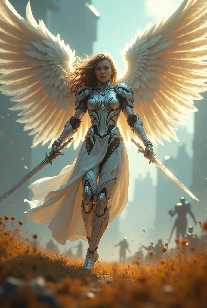 angel descending,archangel michael,fainal war effect,REAL - style image of a woman with a sword in a field, cyberpunk art inspired by Leng Mei, cgsociety contest winner, fantasy art, beautiful sexy angel girl, angel knight girl, as a mystical valkyrie, battle angel, angel in mithril armor, mechanized valkyrie girl, unreal engine 4k wallpaper, wraith from apex legends, epic angel wings