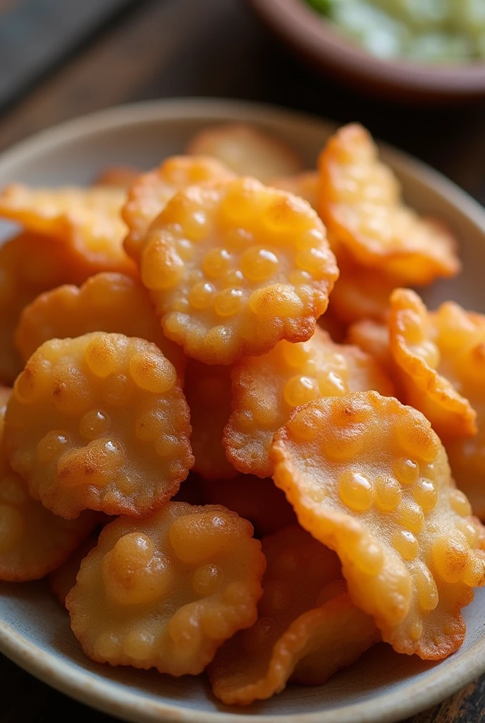 A snack called “Krap Moo” which is a local food of the northern region. It looks like fried crispy pork skin with puffed skin.