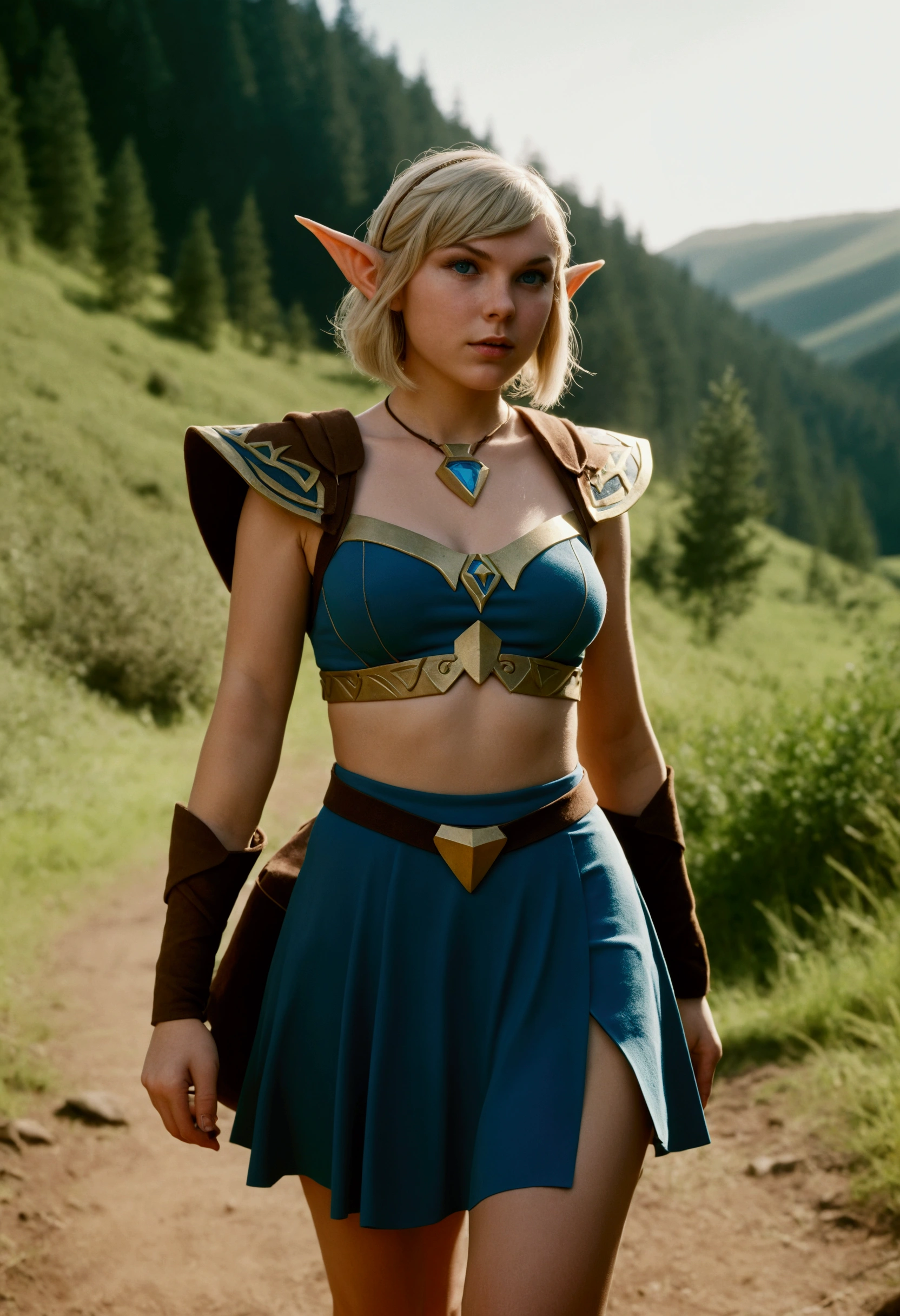 analog film photo, photo of a Hylian girl, elf ears, azure eyes, messy blonde bob cut, tan complexion, tall stature, voluptuous hourglass figure, full hips, plump round buttocks, wearing a bralette and a battle skirt, strolling through Hyrule's wilderness, resembles Taylorr Swift, RAW Photograph, dslr, soft lighting, high quality, film grain, Fujifilm XT3, detailed skin with visible pores, insane details, masterpiece, 8k, 35mm photograph, dslr, kodachrome, faded film, desaturated, grainy, vintage, Lomography, stained, highly detailed, found footage, close-up shot, elven ears