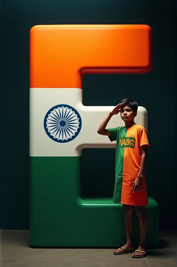 A real 18 years old Indian boy wearing a tiranga colour dress with Text “Mass” written on tshirt,he standing near a 3d big Letter “E” is decorated by indian flag with dark background 32k ultra quality image, and he salute