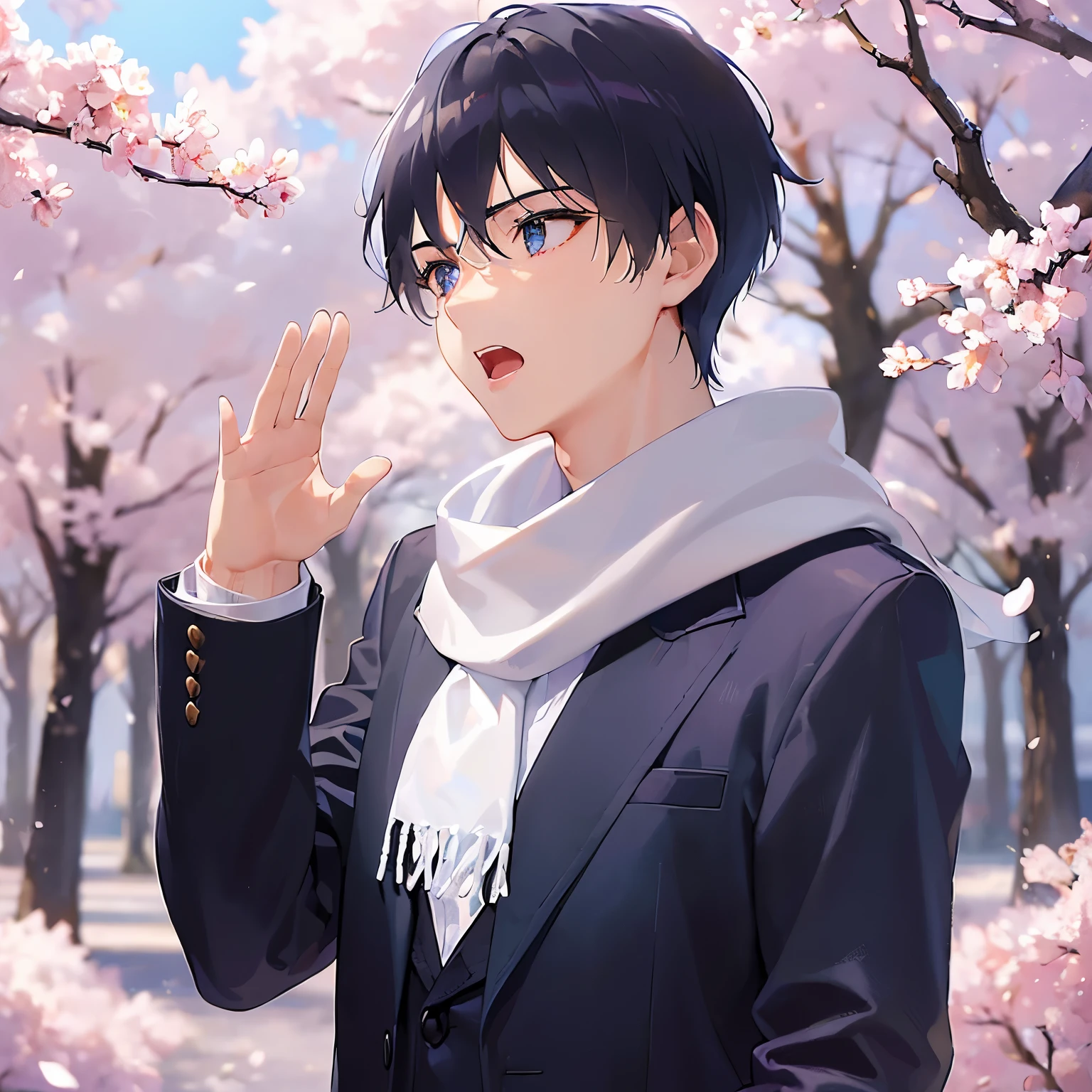 (looking away:1.5),upper body、(Waving gesture:1.5)、
shiny skin, masterpiece、Highest quality、
(20-year-old male:1.5) and (Black short hair) and (blue eyes),
school uniform, blazer、BREAK(white scarf:1.5)BREAK,open mouth,The background is school、cherry blossoms、(alone:1.5)