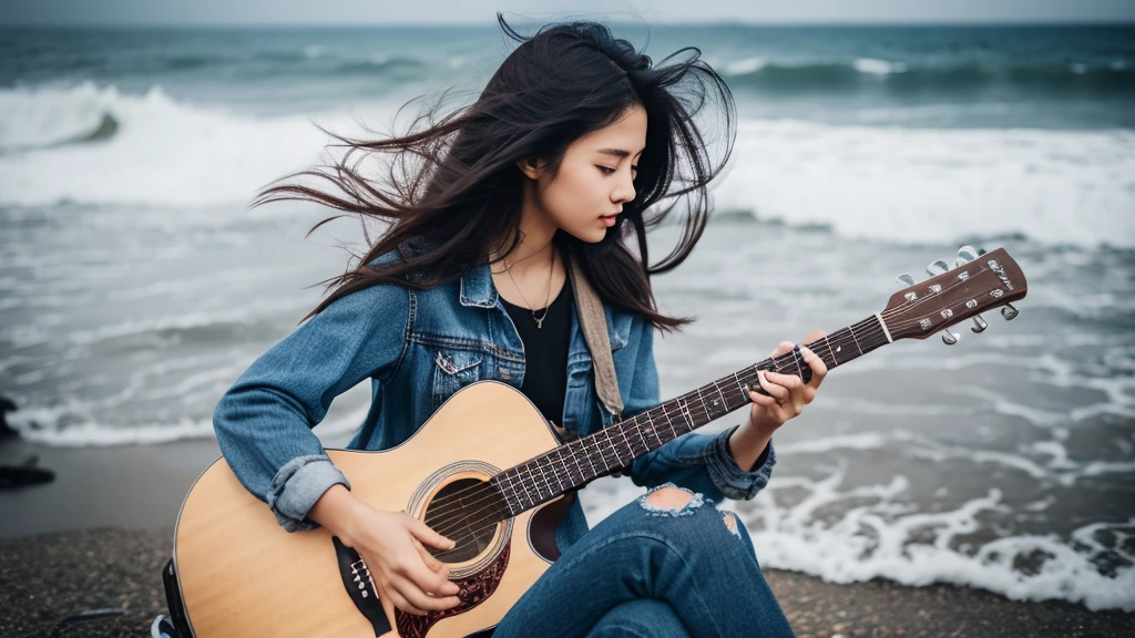 Beautiful asian girl , playing accoustic guitar, Delicate and perfect hands, Detailed dark hair with intricate colors, hair blowing in the wind, complicated messy hair, smooth soft skin, serious look, ripped jeans pants, sneaker shoes, beach background, Professional photographer, Uplifting8