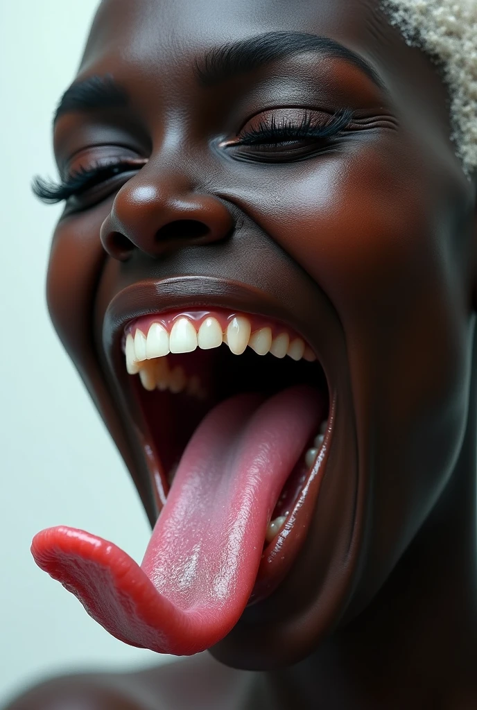 ((Masterpiece)) Albino ebony milf opens her mouth wide showing you her uvula and super thick slimy and very meaty Tongue with a sensual expression on her face (photorealistic human tongue)