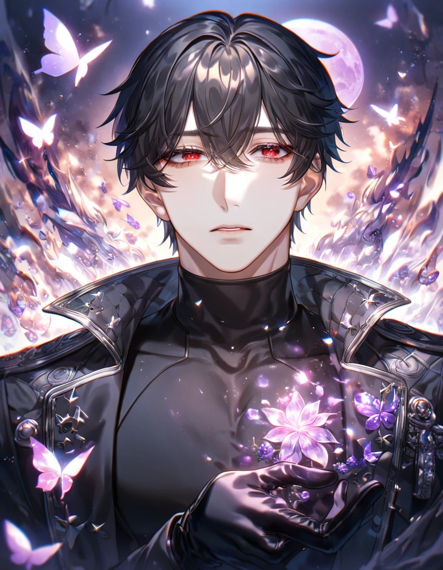 absurdres, highres, ultra detailed, HDR) master piece, best quality, extremely detailed, delicated features, Jaehwan, black hair that parts just above his left eye, expressive red eyes, Code Zero: The World After The Fall, solo, sexy man, handsome, sensual, black coat, black tight turtleneck shirt, black gloves, fantasy, magical, radiant, dust, purple flames, purple moon, purple flowers, purple butterflies