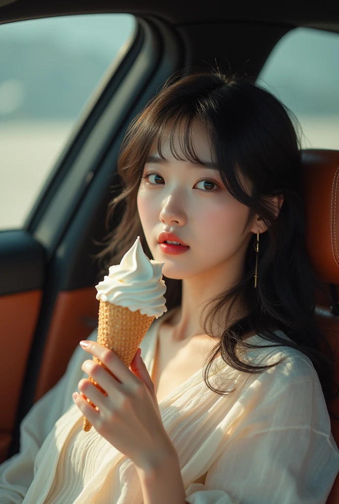 A beautiful korean girl eating icecream sitting in bmw car
