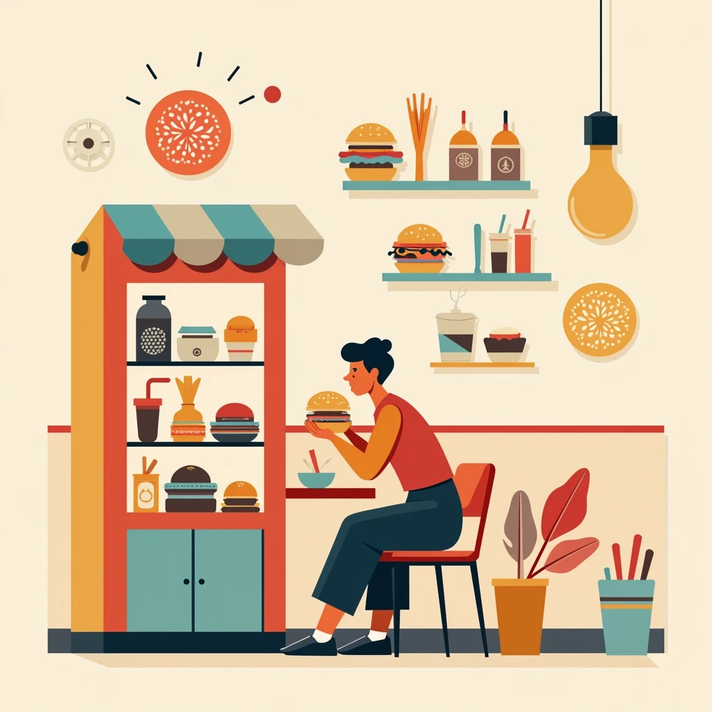 modern style，flat design，Dining room，a fast food shop，Someone is eating，Burger Shop，Minimalist style，Non-realistic style，Stamp design， colourful
