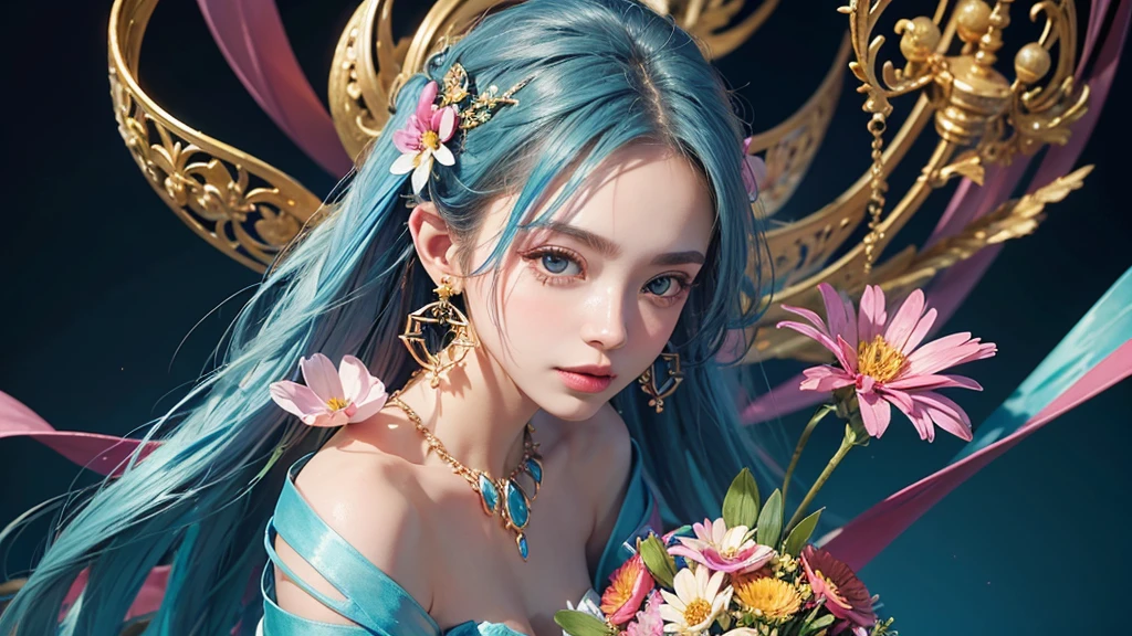 32K, 最高quality, 最高masterpiece, (ultra-Detailed Background, Detailed Background), High resolution, Super detailed, Very detailedな, 1 personの, (bouquet:1.3), (Tangled:1.2), (Geometric:1.2),(colorful),(masterpiece, quality, best quality, Official Art, Beautiful and beautiful:1.2), (1 person:1.3), Very detailed,(colorful:1.1)(Flowers:1.3),Most detailed,(Tangled:1.2), whole body, (Abstract background:1.3), (Skin glows), (Many colors:1.4), ,(Earrings Jewelry:1.5), Light Blue Background,
